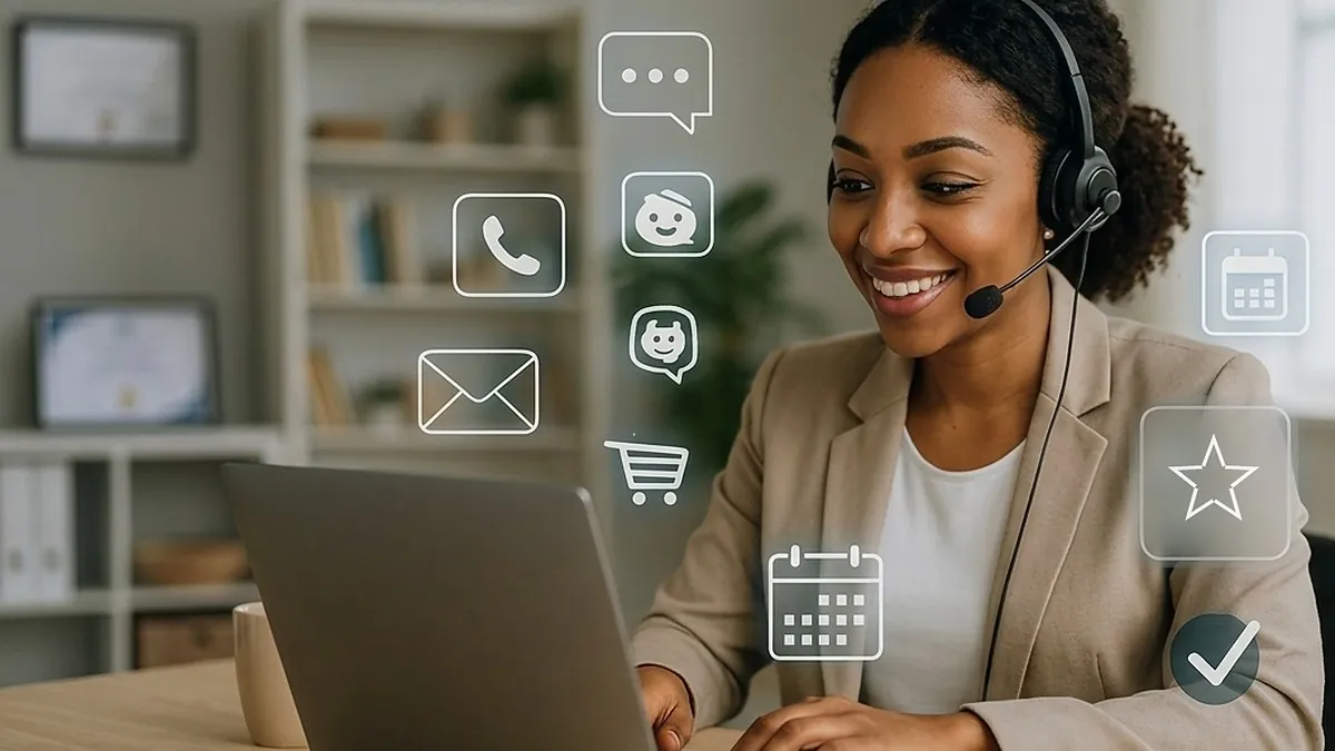 A virtual assistant in a headset at a laptop, surrounded by chat, call, email and calendar icons