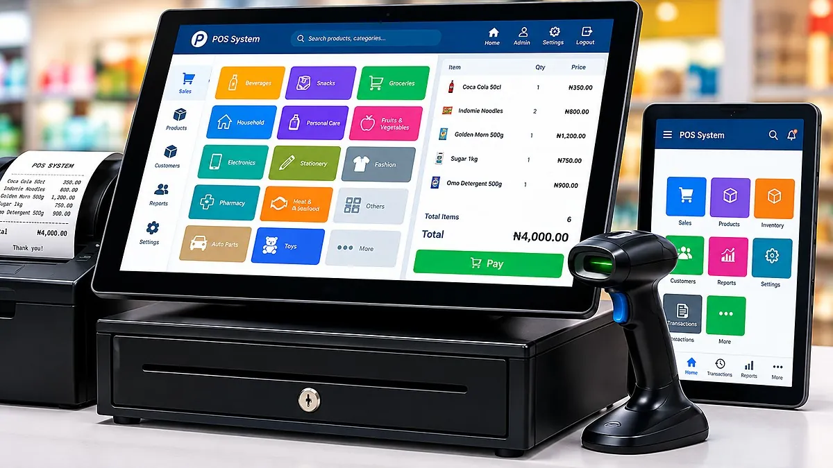 A POS terminal ringing up a sale in naira, with receipt printer, cash drawer, barcode scanner and tablet